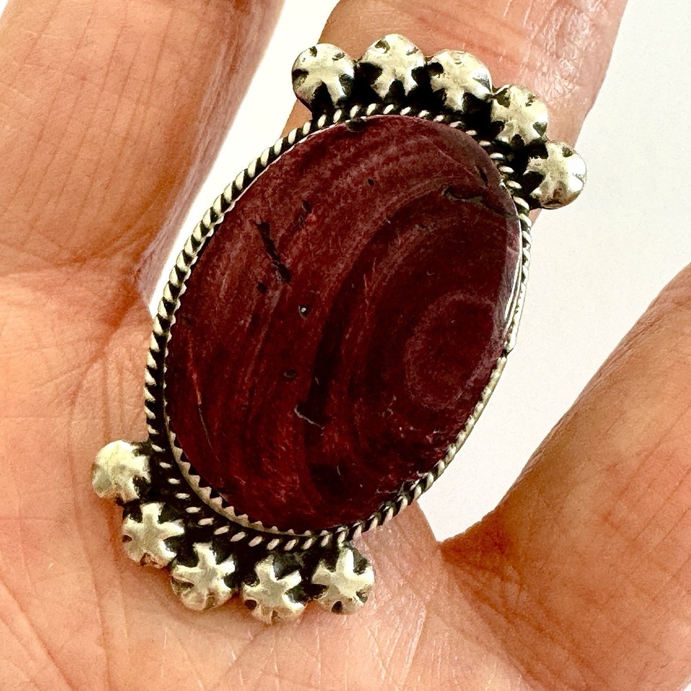 Navajo Purple Spiny Oyster Ring Sz 10 Flat Cab Sterling Signed Selina Warner USA